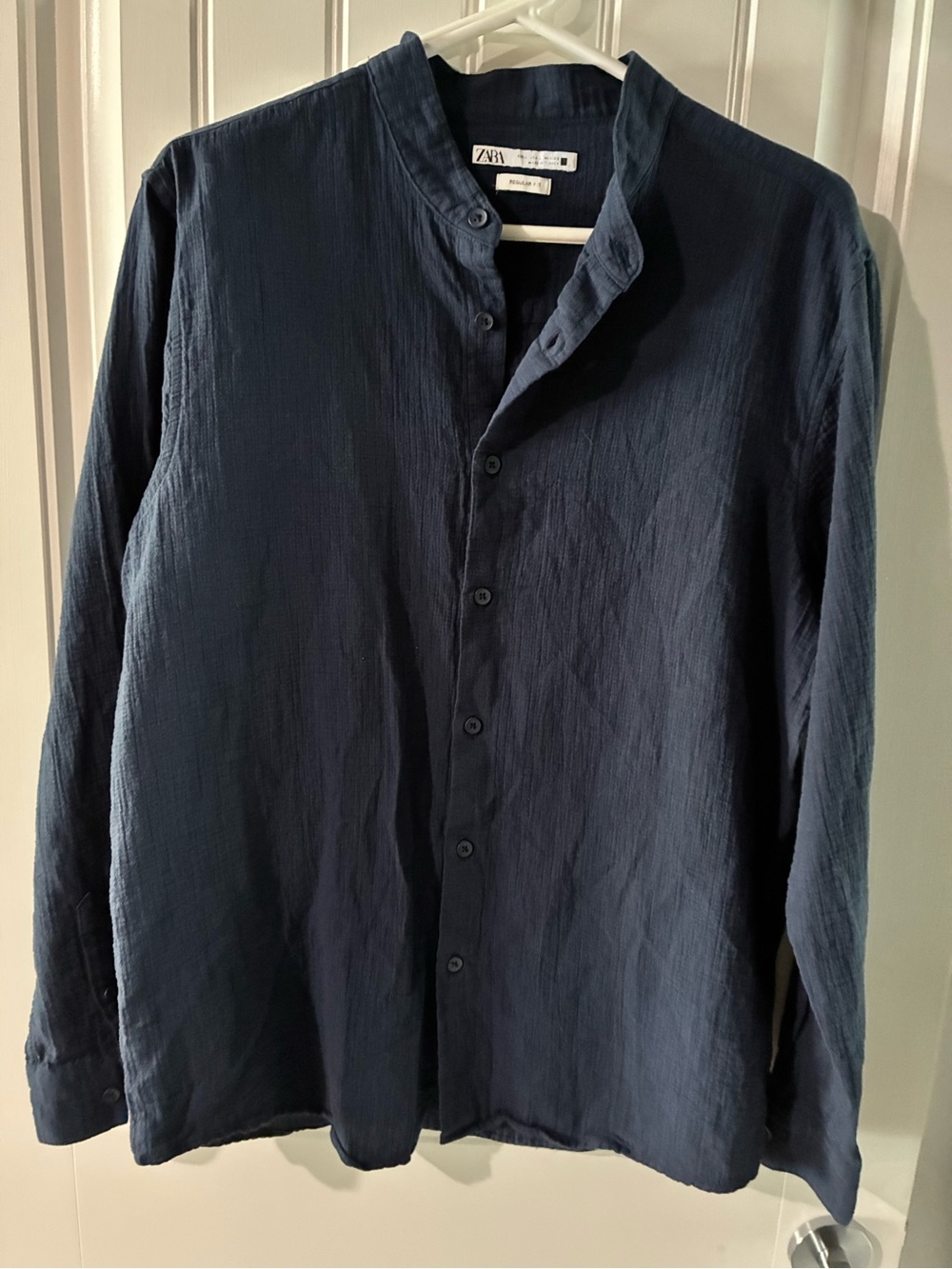 Zara Dark Navy Textured 100% Cotton Mandarin-Collar Shirt